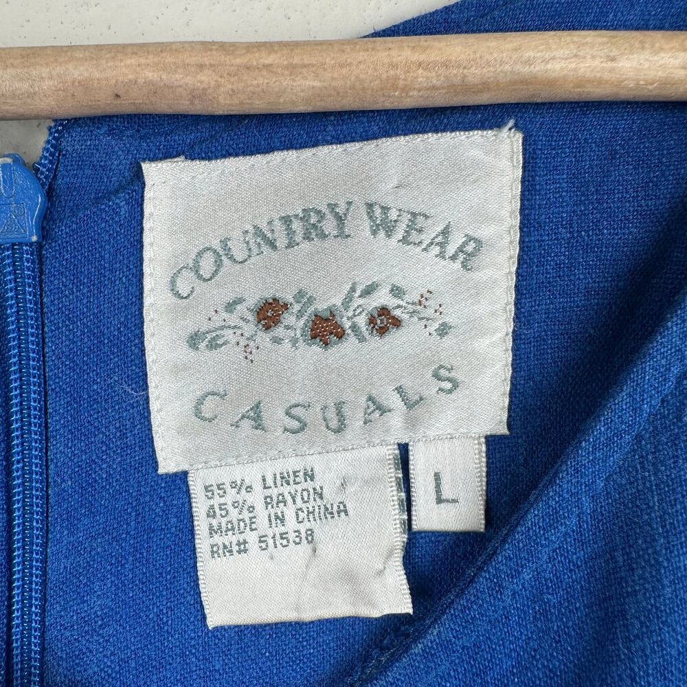 VTG COUNTRY WEAR CASUALS Blue Linen Sleeveless Maxi Embroider Dress Womens Sz L - Picture 4 of 15